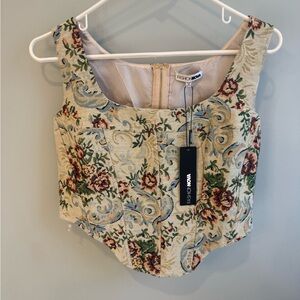 Fashion Nova Cream Floral Tapestry Crop Top with Rose Accents